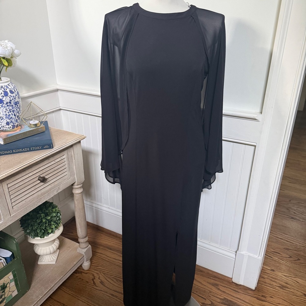 Glamour Nights Black Sheer Cape Sleeve Maxi Evening Gown Dress Size 6